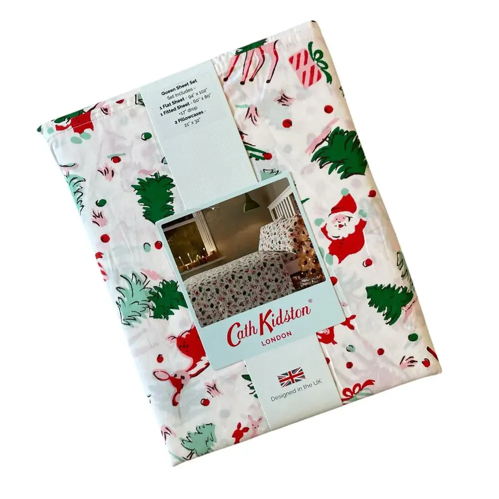 Cath Kidston London 4pc QUEEN Sheet Set Christmas Ditsy Deer Pink Cotton NEW